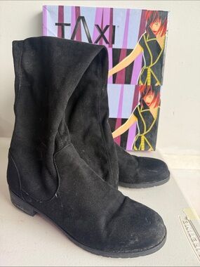 TAXI Black Suede Slouch Mid-Calf Heeled Boots